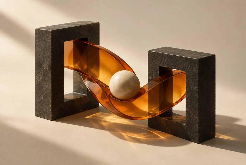 Sculptural artwork of amber glass connecting two dark stone forms
